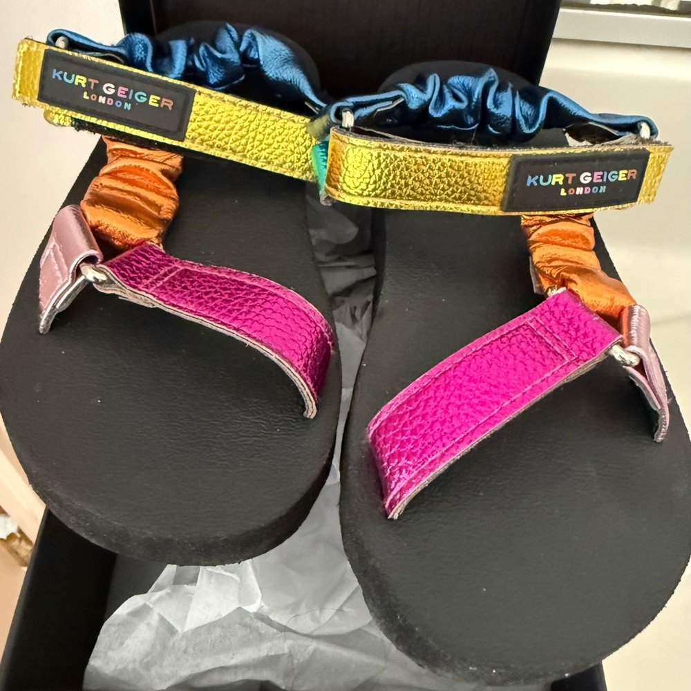 Kurt Geiger Metallic Rainbow Strap Sandals — Pink, Gold, Teal, Blue